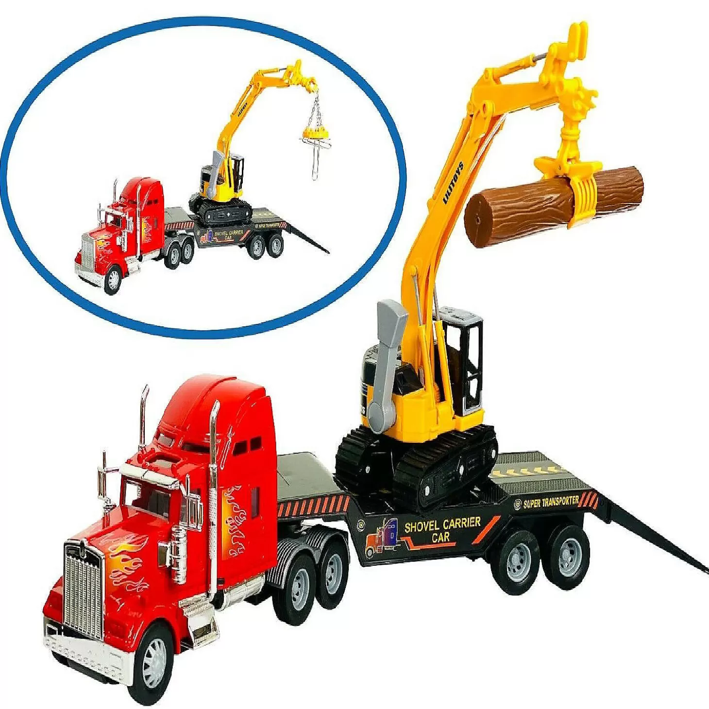 Oriental Trading Big Daddy Big Rig Heavy Duty Tractor Trailer Transport Flat Bed & Excavator* Toy Cars