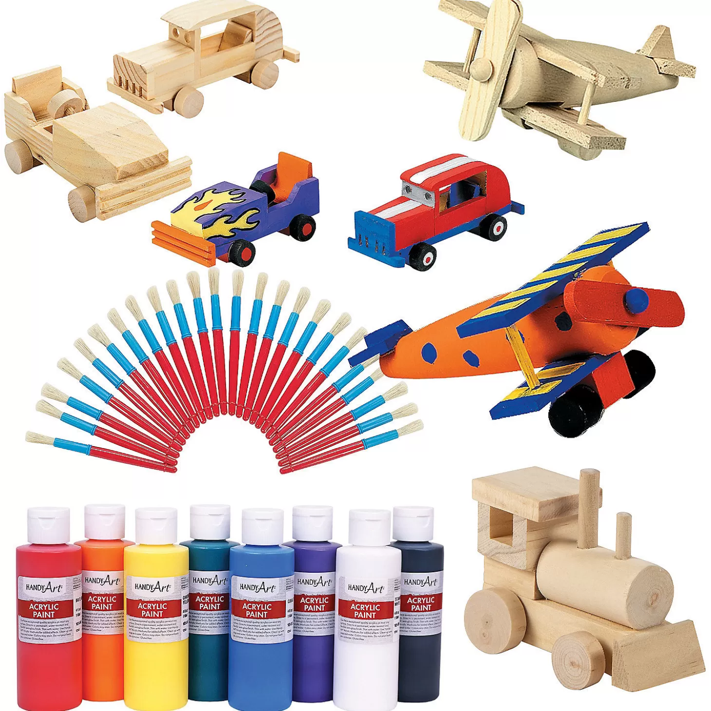 Oriental Trading Bulk 68 Pc. Unfinished Wood Cars, Trains & Planes Craft Kit Assortment- Makes 36* Toy Cars