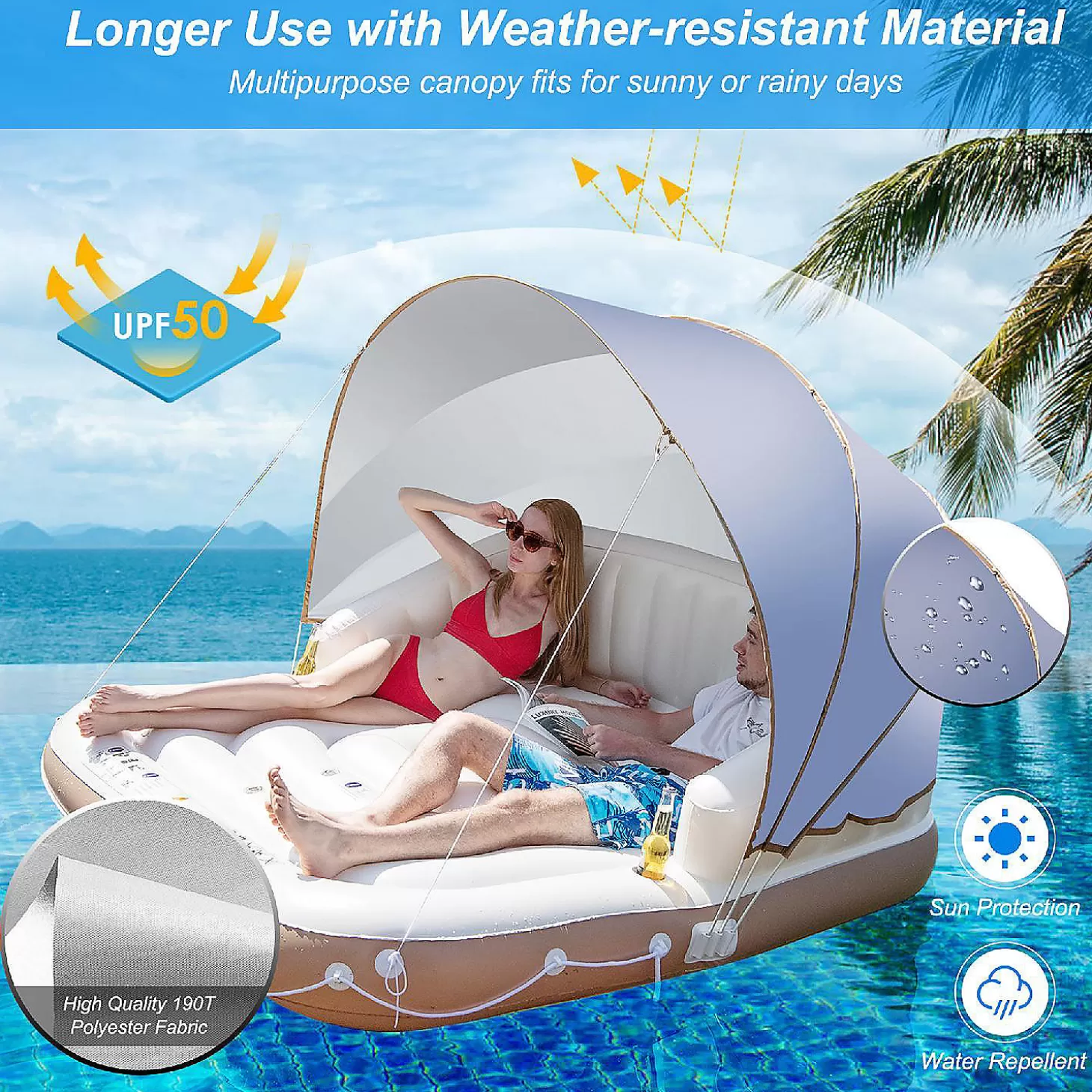 Best Sale Costway Floating Island Inflatable Swimming Pool Float Lounge Raft With Canopy Spf50+ Retractable Detachable Sunshade With Two Cup Holders Water Toys