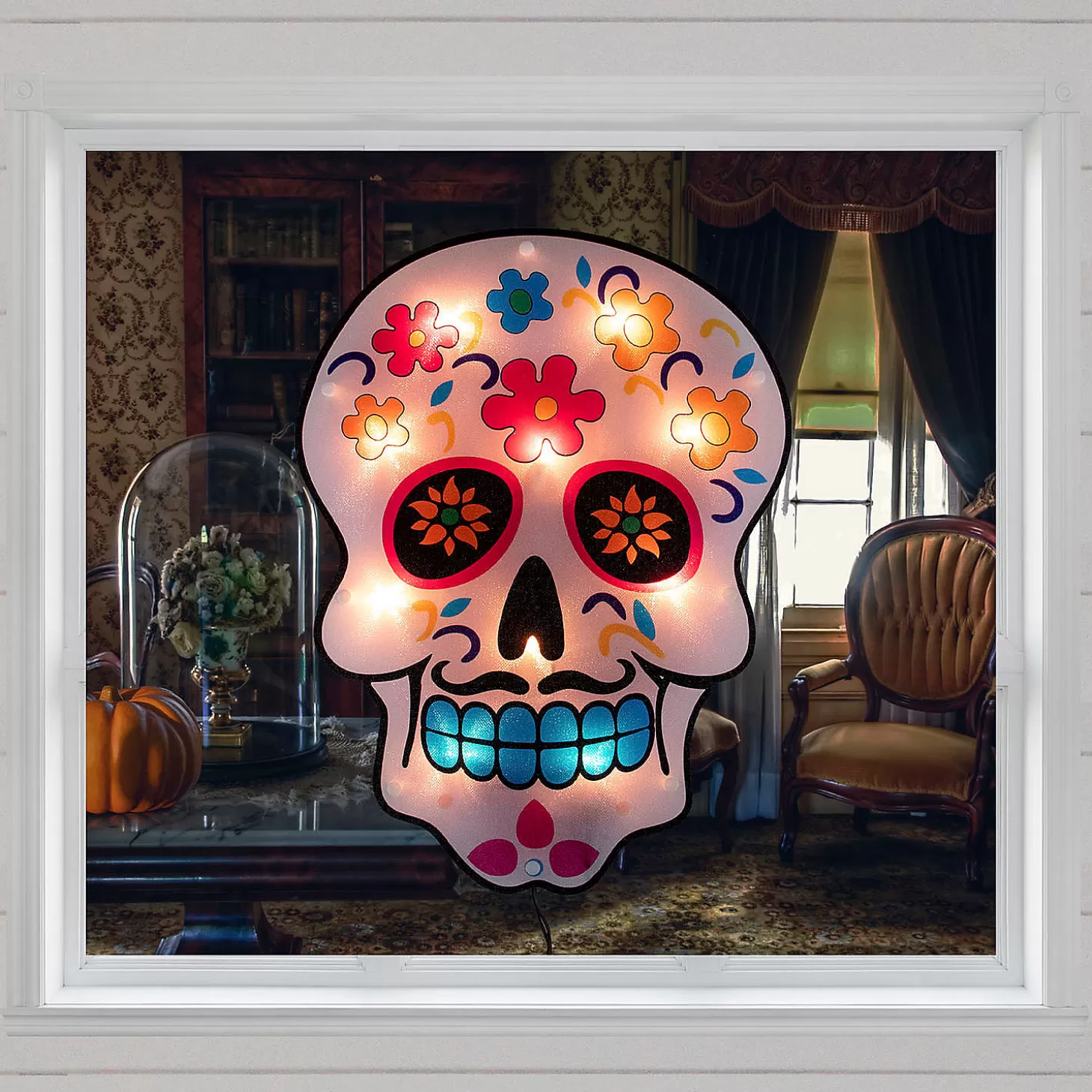 Best Sale 15" Lighted Day Of The Dead Sugar Skull Halloween Window Silhouette Decor Skulls & Skeletons