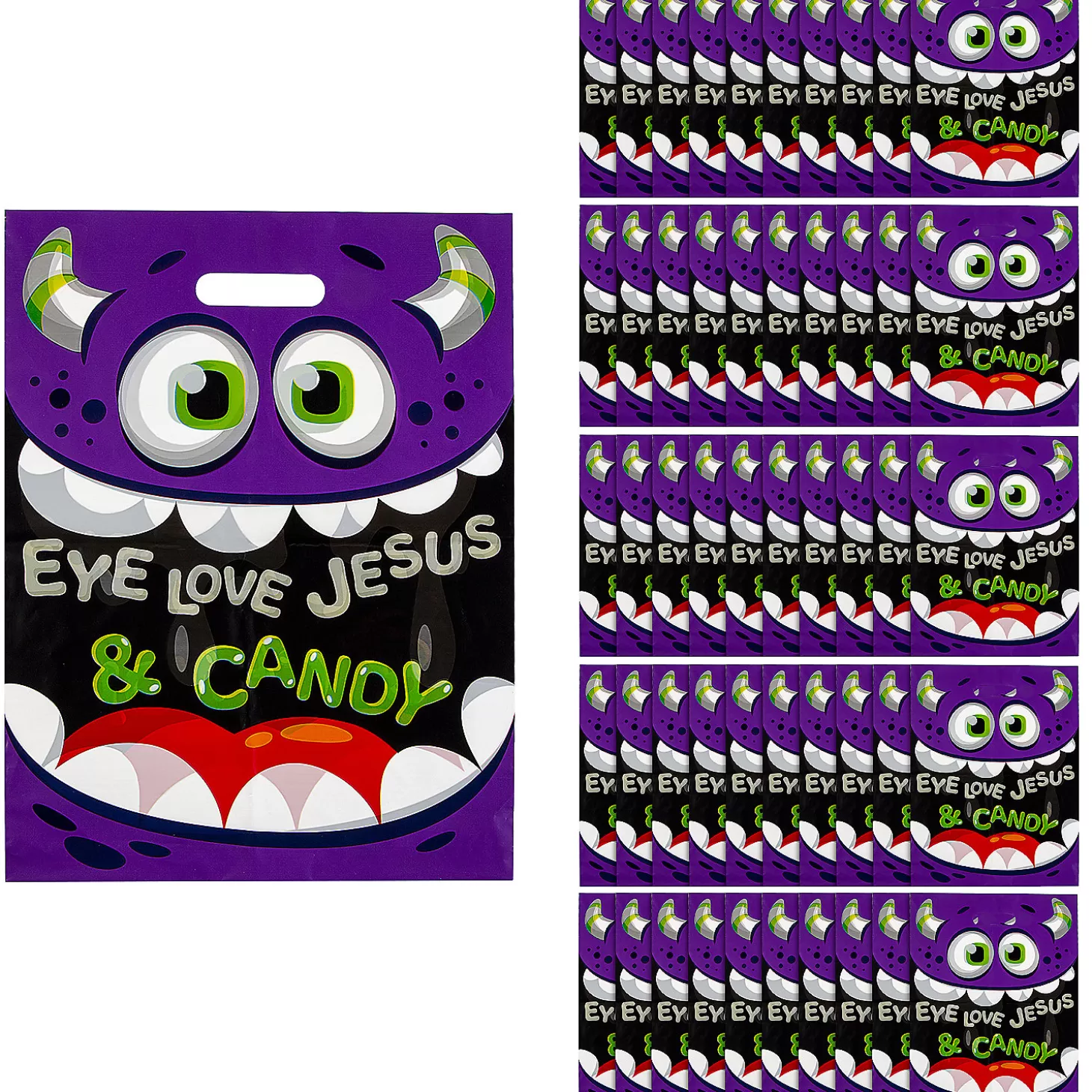 Best 12 1/2" X 17" Bulk 50 Pc. Religious Monster Eye Love Jesus & Candy Plastic Goody Bags Bulk Halloween Supplies